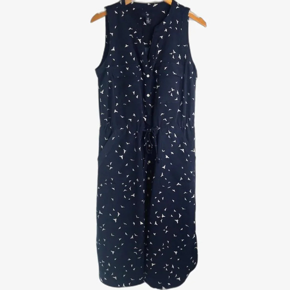GAP Navy Blue Sleeveless Drawstring Waist Button Front Bird Motif Dress Sz Small - Picture 1 of 10